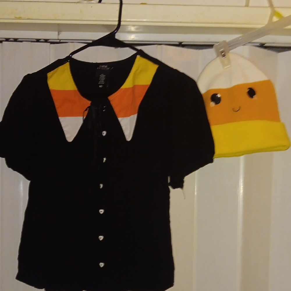 Social Collision/Hot Topic Black Blouse with Candy Corn Collar And Beanie